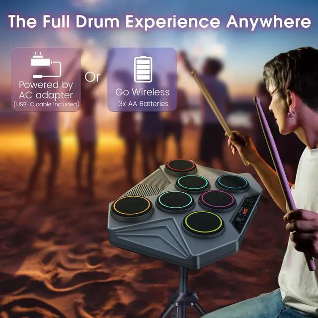 Alt view image 5 of 6 - Electronic Tabletop Drum Set, Portable Digital Drum Kit 7 Velocity Sensitivity Drum Pads, LED Music Level Light, USB-MIDI Mac & PC Support, Ideal Gift for Adult and Beginners