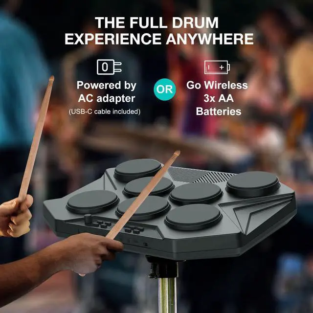 Alt view image 3 of 6 - Electronic Tabletop Drum Set, Portable Digital Drum Kit 7 Velocity Sensitivity Drum Pads, LED Music Level Light, USB-MIDI Mac & PC Support, Ideal Gift for Adult and Beginners