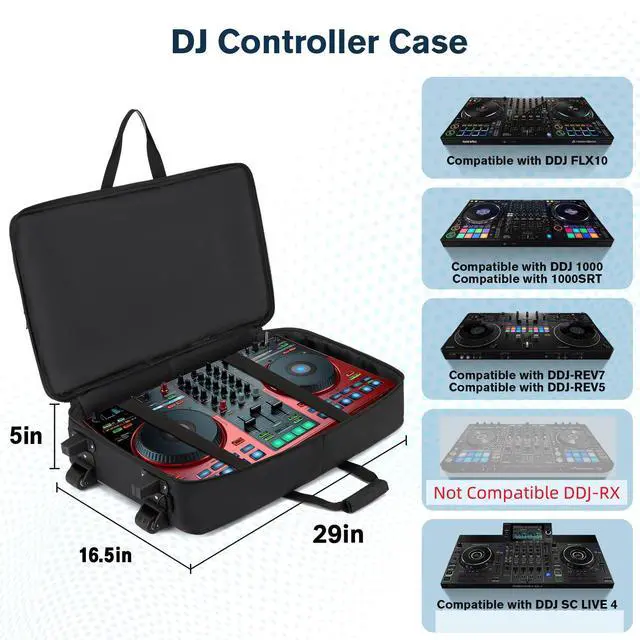 Alt view image 2 of 6 - DJ Case with Wheels Compatible with DDJ FLX10/1000/1000SRT/REV7/REV5/SCLIVE 4,DJ Controller Case for Pioneer DJ Equipment,DJ Controller Bag with Multi-pocket for DJ Accessories,Soft DJ Backpack