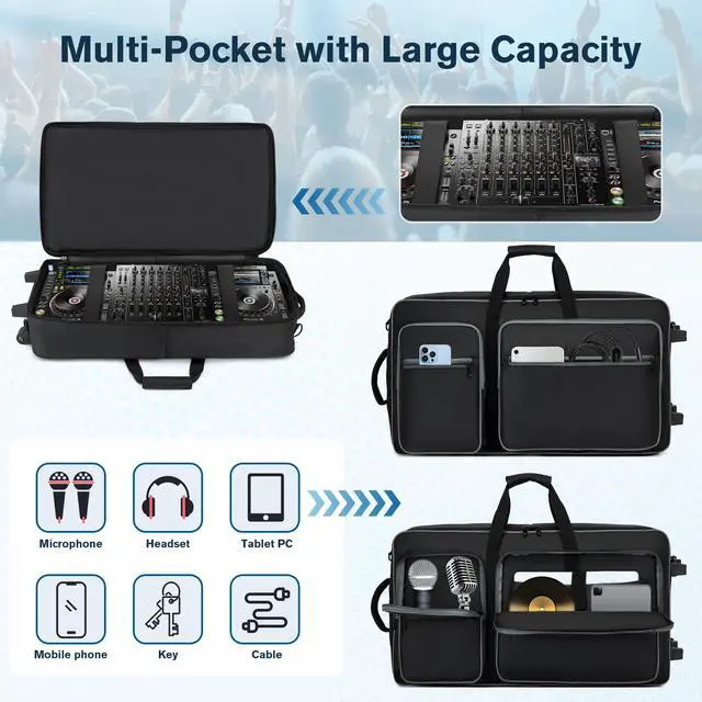 Alt view image 4 of 6 - DJ Case with Wheels Compatible with DDJ FLX10/1000/1000SRT/REV7/REV5/SCLIVE 4,DJ Controller Case for Pioneer DJ Equipment,DJ Controller Bag with Multi-pocket for DJ Accessories,Soft DJ Backpack