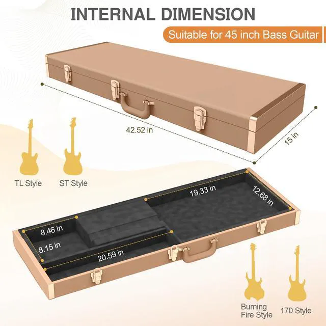 Alt view image 4 of 6 - Hard Shell Electric Guitar Case, 39in Square Protective Guitar Hard Case with Lock & Metal Feet, Heavy-Duty Carrying Case for KST/KTL/170 Electric Guitars, Elegant Brown