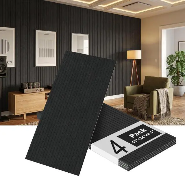Main image of 4 Pack Black Acoustic Wall Panels, 48 x 24 Inch Large Sound Dampening Panel | Decorative Self-Adhesive Sound Proof Panels for Recording Studio, Home, Office, Theater