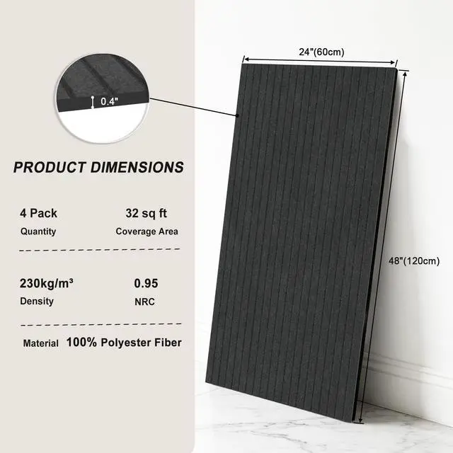 Alt view image 2 of 6 - 4 Pack Black Acoustic Wall Panels, 48 x 24 Inch Large Sound Dampening Panel | Decorative Self-Adhesive Sound Proof Panels for Recording Studio, Home, Office, Theater