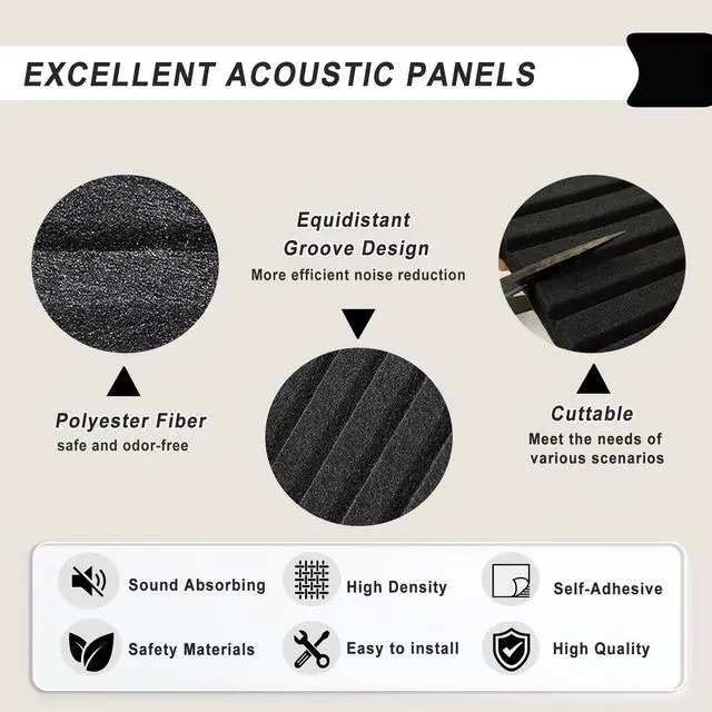 Alt view image 5 of 6 - 4 Pack Black Acoustic Wall Panels, 48 x 24 Inch Large Sound Dampening Panel | Decorative Self-Adhesive Sound Proof Panels for Recording Studio, Home, Office, Theater