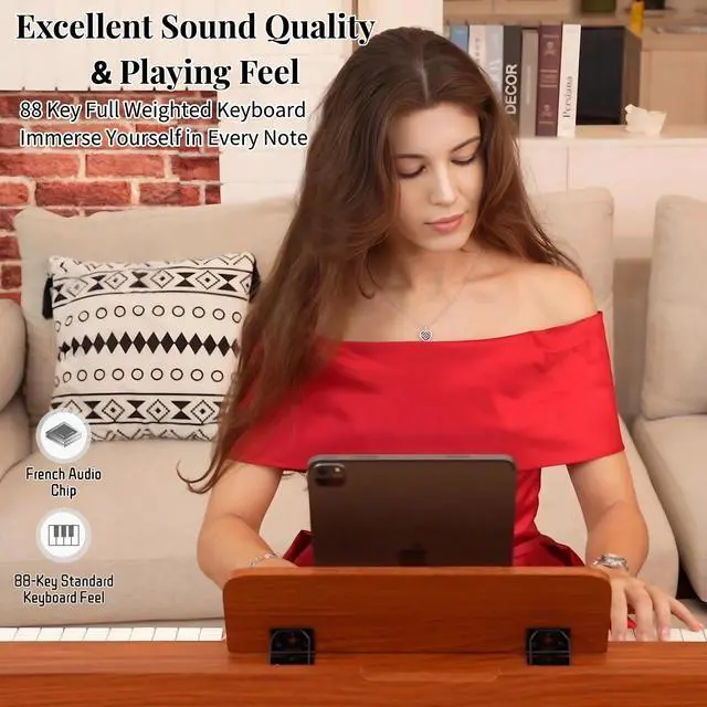 Alt view image 2 of 6 - 88 Key Digital Piano Keyboard with Stand & 3 Pedals,Weighted Keyboard | Electric Piano for Beginners, Progressive Hammer-Action Home Digital Piano with Desk Mode, Headphone Jack, USB-MIDI, Brown