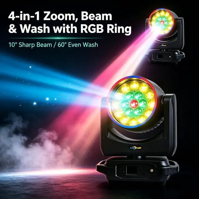 Alt view image 2 of 6 - 19x15W Moving Head Light, 4in1 RGBW Zoom Beam Wash DJ Lights | RGB Halo Ring, DMX Sound Activated Control, 10-60° Wide Zoom, 540° Pan 270° Tilt, LED DJ Stage Lighting for Wedding Party