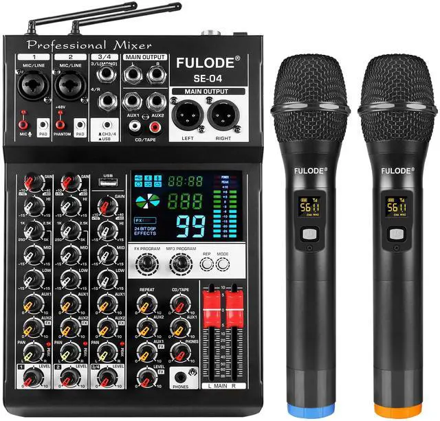 Main image of Audio Mixer, 4 Channel Sound Mixing Board With Dual Wireless Microphone & 99DSP, Professional DJ Console W/ MP3 Bluetooth 48V Phantom Power PAD USB Interface for Recording Home Karaoke Live Streaming