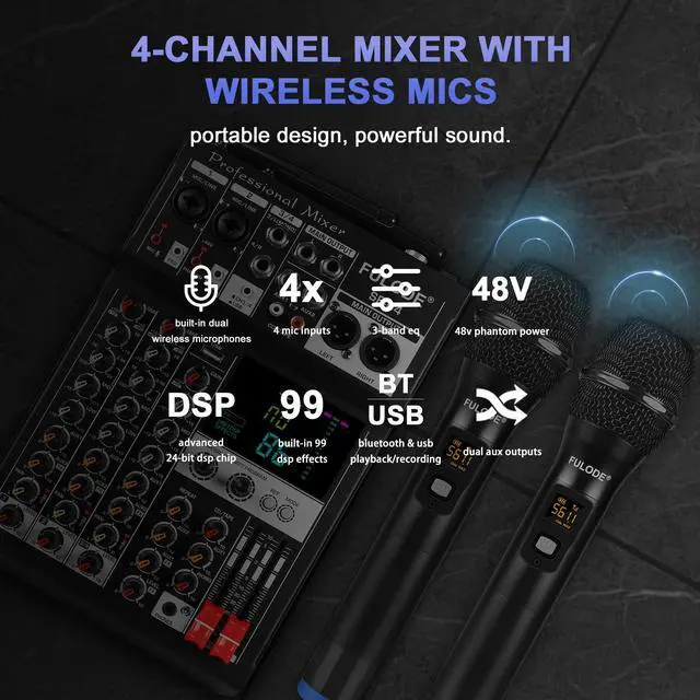 Alt view image 2 of 6 - Audio Mixer, 4 Channel Sound Mixing Board With Dual Wireless Microphone & 99DSP, Professional DJ Console W/ MP3 Bluetooth 48V Phantom Power PAD USB Interface for Recording Home Karaoke Live Streaming