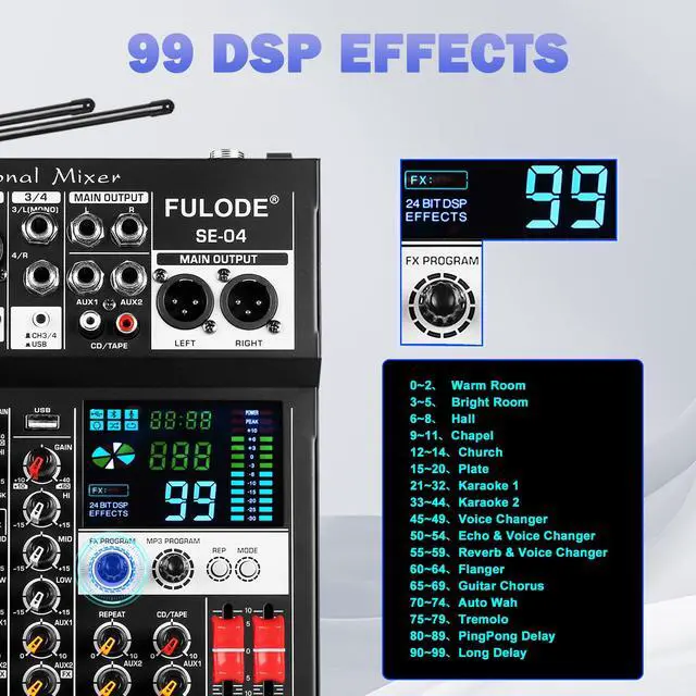 Alt view image 3 of 6 - Audio Mixer, 4 Channel Sound Mixing Board With Dual Wireless Microphone & 99DSP, Professional DJ Console W/ MP3 Bluetooth 48V Phantom Power PAD USB Interface for Recording Home Karaoke Live Streaming