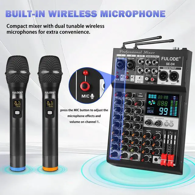Alt view image 4 of 6 - Audio Mixer, 4 Channel Sound Mixing Board With Dual Wireless Microphone & 99DSP, Professional DJ Console W/ MP3 Bluetooth 48V Phantom Power PAD USB Interface for Recording Home Karaoke Live Streaming