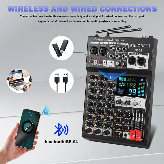Alt view image 5 of 6 - Audio Mixer, 4 Channel Sound Mixing Board With Dual Wireless Microphone & 99DSP, Professional DJ Console W/ MP3 Bluetooth 48V Phantom Power PAD USB Interface for Recording Home Karaoke Live Streaming