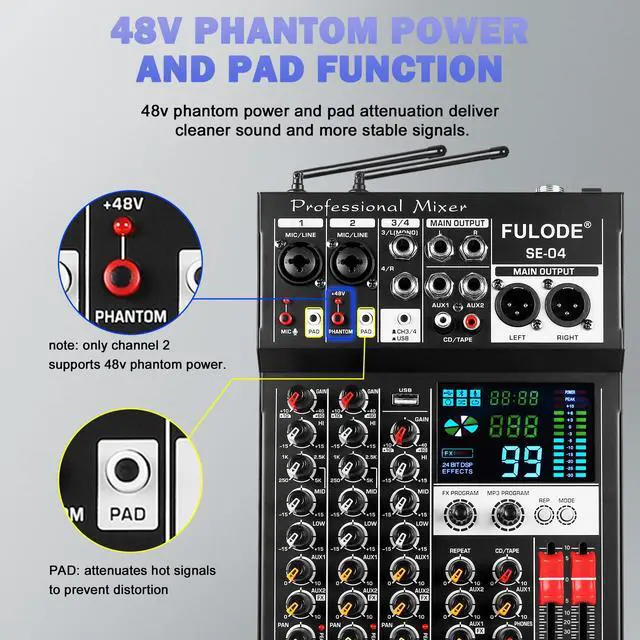 Alt view image 6 of 6 - Audio Mixer, 4 Channel Sound Mixing Board With Dual Wireless Microphone & 99DSP, Professional DJ Console W/ MP3 Bluetooth 48V Phantom Power PAD USB Interface for Recording Home Karaoke Live Streaming
