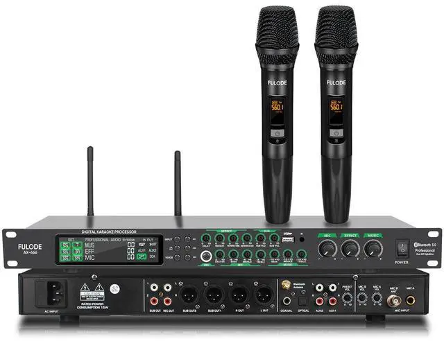 Main image of AX-666 Professional Karaoke Processor KTV Mixer with Dual Wireless Microphones, Digital Pre-Stage Effector Audio Vocal Effects Processor System with DSP Anti-Howling USB MP3 Bluetooth Optical