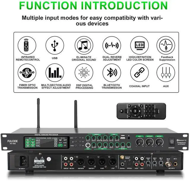 Alt view image 2 of 6 - AX-666 Professional Karaoke Processor KTV Mixer with Dual Wireless Microphones, Digital Pre-Stage Effector Audio Vocal Effects Processor System with DSP Anti-Howling USB MP3 Bluetooth Optical