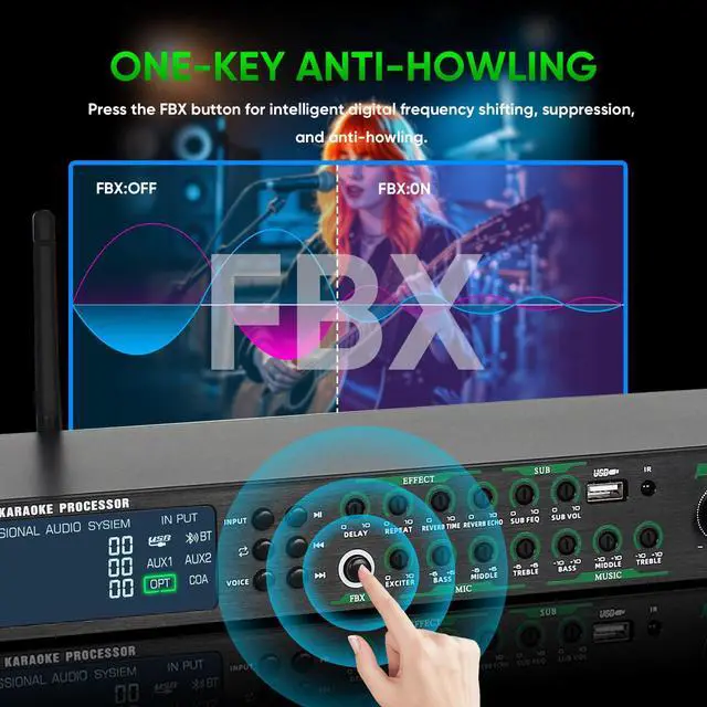 Alt view image 3 of 6 - AX-666 Professional Karaoke Processor KTV Mixer with Dual Wireless Microphones, Digital Pre-Stage Effector Audio Vocal Effects Processor System with DSP Anti-Howling USB MP3 Bluetooth Optical