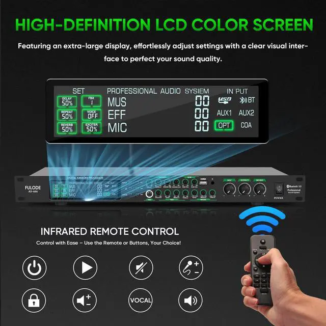 Alt view image 4 of 6 - AX-666 Professional Karaoke Processor KTV Mixer with Dual Wireless Microphones, Digital Pre-Stage Effector Audio Vocal Effects Processor System with DSP Anti-Howling USB MP3 Bluetooth Optical
