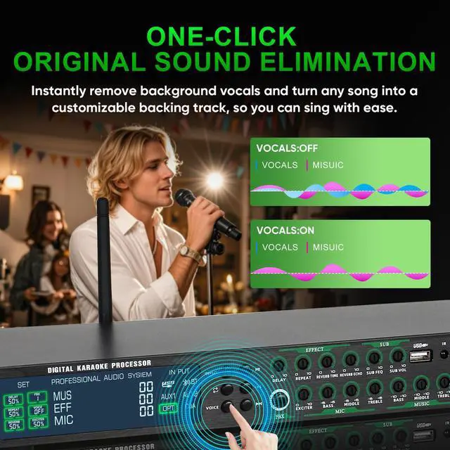 Alt view image 5 of 6 - AX-666 Professional Karaoke Processor KTV Mixer with Dual Wireless Microphones, Digital Pre-Stage Effector Audio Vocal Effects Processor System with DSP Anti-Howling USB MP3 Bluetooth Optical