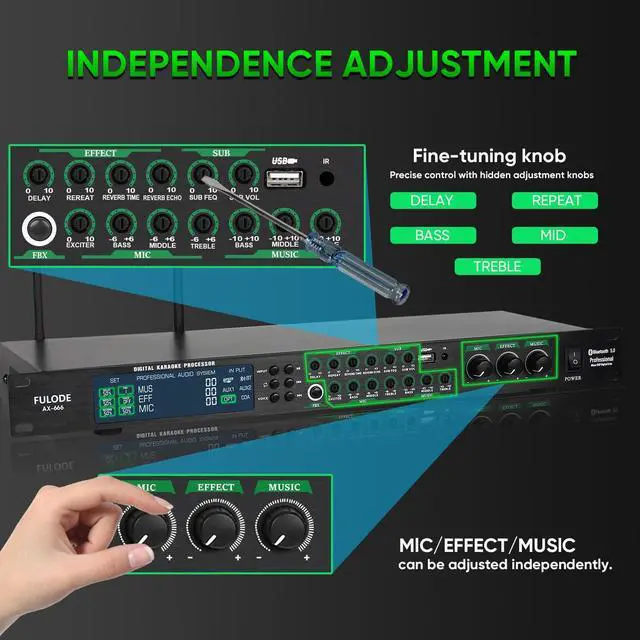 Alt view image 6 of 6 - AX-666 Professional Karaoke Processor KTV Mixer with Dual Wireless Microphones, Digital Pre-Stage Effector Audio Vocal Effects Processor System with DSP Anti-Howling USB MP3 Bluetooth Optical