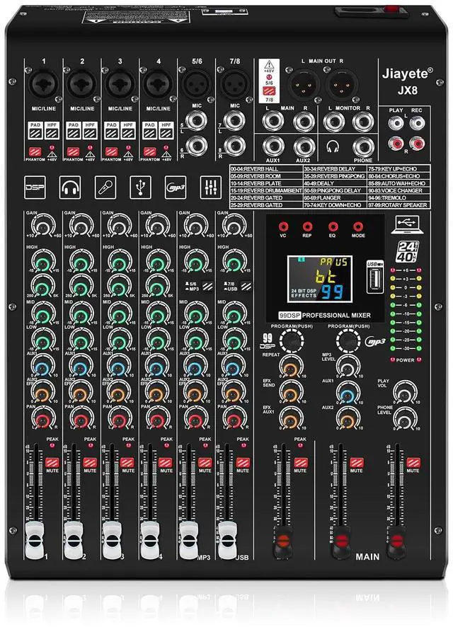 Main image of 8 Channel DJ Mixer, Professional Audio Mixer, Metal, DSP 99 Preset Effects, 48V Phantom Power, Black USB Xlr Music Streaming Mini Mixing Console, Pa Mixer for PC, Podcast