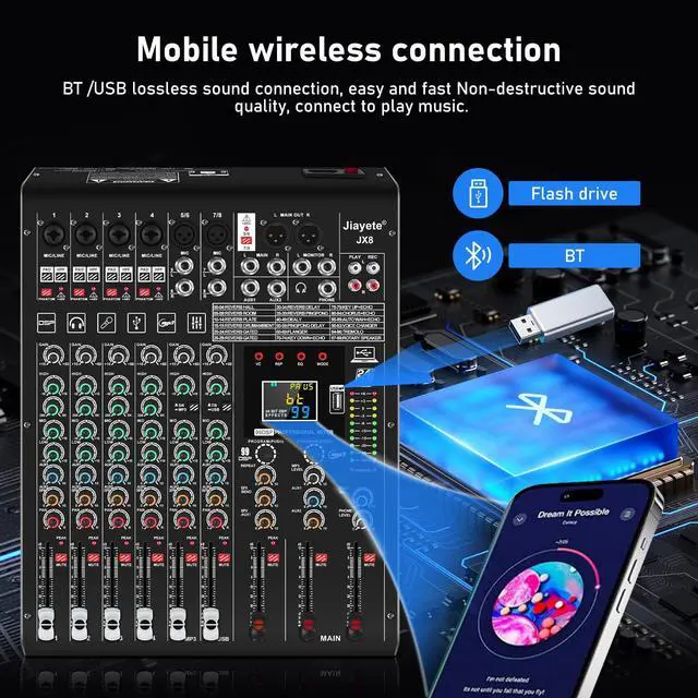 Alt view image 3 of 6 - 8 Channel DJ Mixer, Professional Audio Mixer, Metal, DSP 99 Preset Effects, 48V Phantom Power, Black USB Xlr Music Streaming Mini Mixing Console, Pa Mixer for PC, Podcast