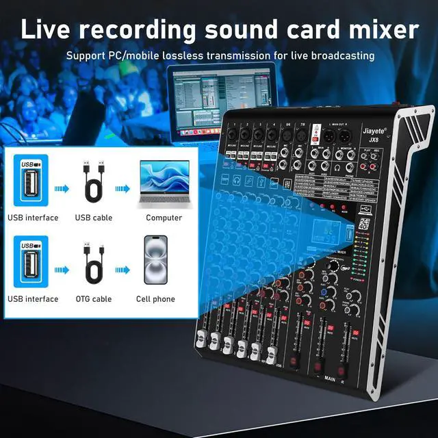 Alt view image 4 of 6 - 8 Channel DJ Mixer, Professional Audio Mixer, Metal, DSP 99 Preset Effects, 48V Phantom Power, Black USB Xlr Music Streaming Mini Mixing Console, Pa Mixer for PC, Podcast