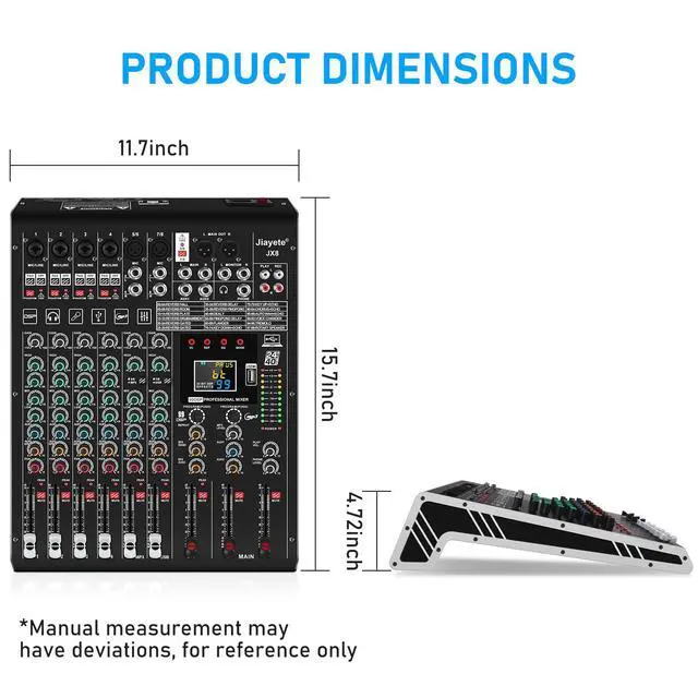 Alt view image 6 of 6 - 8 Channel DJ Mixer, Professional Audio Mixer, Metal, DSP 99 Preset Effects, 48V Phantom Power, Black USB Xlr Music Streaming Mini Mixing Console, Pa Mixer for PC, Podcast