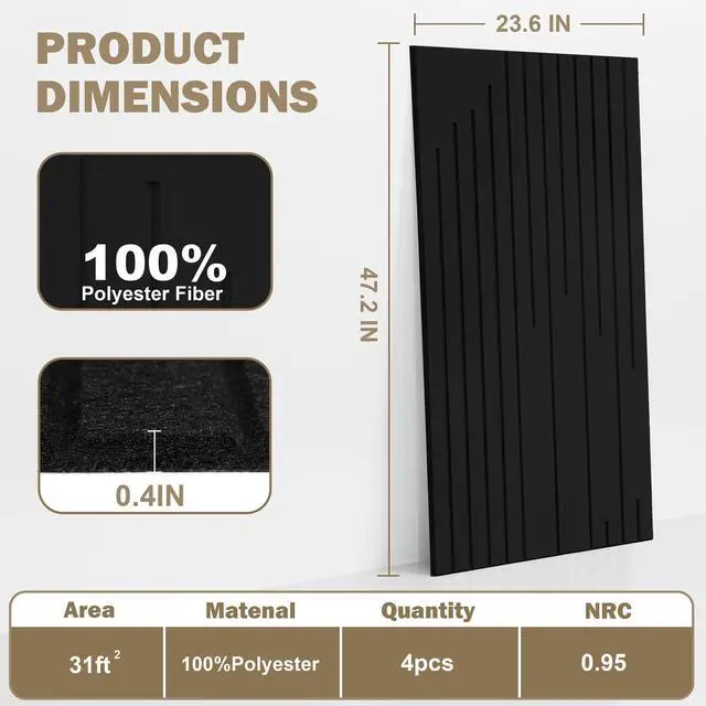 Alt view image 3 of 6 - Acoustic Wall Panels Sound Absorbing Panels Noise Reducing for Walls | 4 Pack 47*24 Inch High Density Self-Adhesive Sound Proof Panels Intermittent Vertical Fluted Large Acoustic Panel, Black