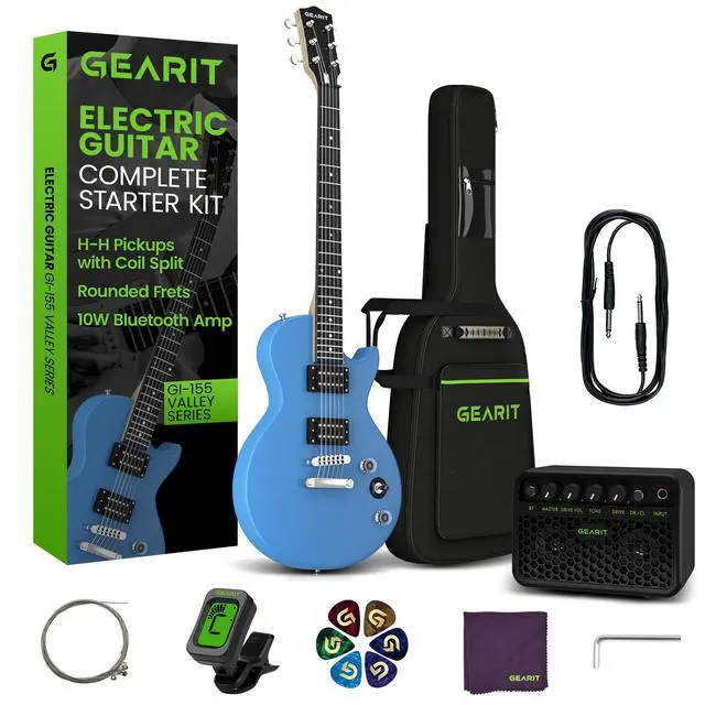 Main image of Electric Guitar 39 Full Size Beginner Electric Guitar Kit with Amp, Dual Humbucker Pickups with Coil Split, 10W Bluetooth Amplifier, Gig Bag, Tuner, Strap, Picks & Extra Strings(Blue)