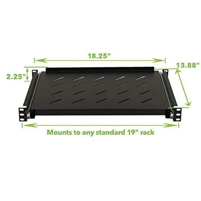 Alt view image 2 of 6 - 4-Post Sliding Server Shelf, Cold Rolled Steel, Black, Venting, Adjustable, 350mm Depth, 7.5 lbs, Rack Mount, 1U(1RU)