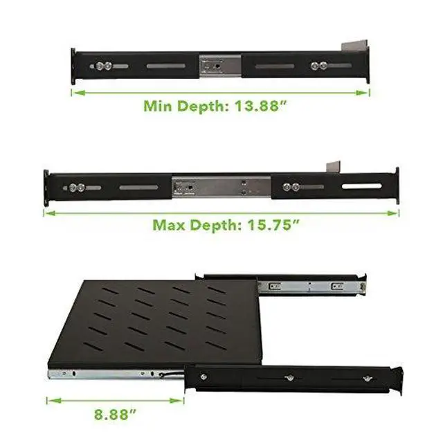 Alt view image 3 of 6 - 4-Post Sliding Server Shelf, Cold Rolled Steel, Black, Venting, Adjustable, 350mm Depth, 7.5 lbs, Rack Mount, 1U(1RU)