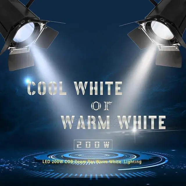 Alt view image 2 of 6 - 200W COB Stage Light with Barn Doors, Spotlights | Linear Zoom 10°-60° Adjustable, Warm White 3000K & Cool White 5700K, DMX512 Sound Activated for Church Wedding Theater