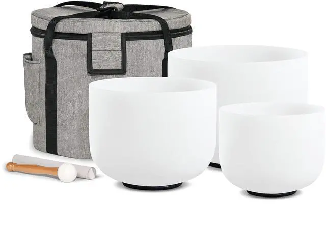 Main image of CRYSTAL SINGING BOWLS SET of 3 440HZ 6" A 8" F and 10" C | Frosted White Quartz Chakra Bowls Set of 3 with Carry Case Bag for Sound Healing Meditation & Yoga