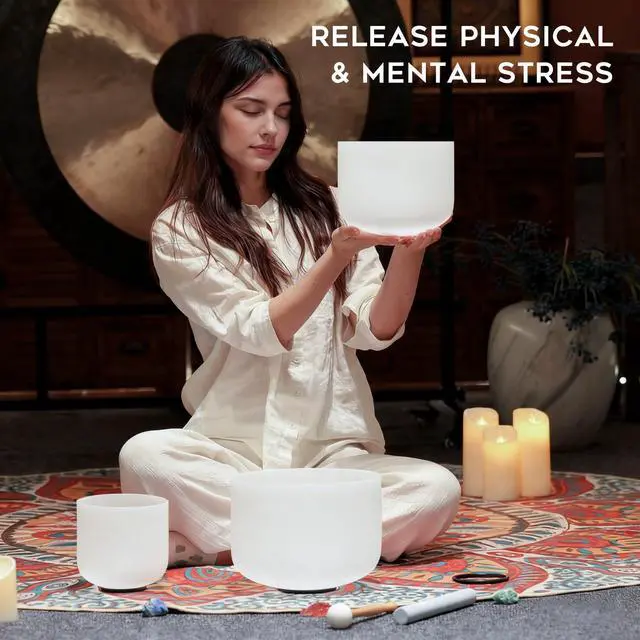 Alt view image 2 of 6 - CRYSTAL SINGING BOWLS SET of 3 440HZ 6" A 8" F and 10" C | Frosted White Quartz Chakra Bowls Set of 3 with Carry Case Bag for Sound Healing Meditation & Yoga