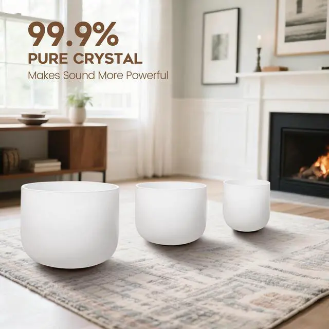 Alt view image 3 of 6 - CRYSTAL SINGING BOWLS SET of 3 440HZ 6" A 8" F and 10" C | Frosted White Quartz Chakra Bowls Set of 3 with Carry Case Bag for Sound Healing Meditation & Yoga