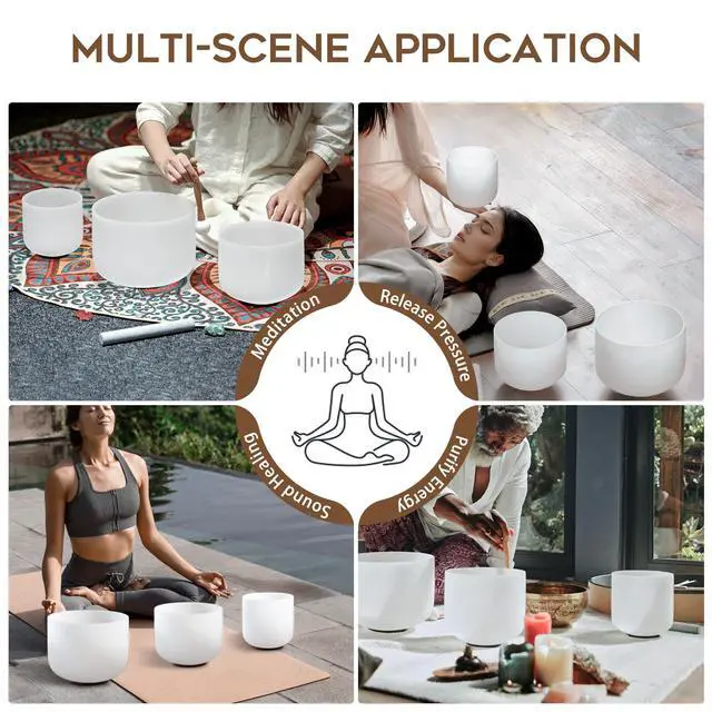 Alt view image 4 of 6 - CRYSTAL SINGING BOWLS SET of 3 440HZ 6" A 8" F and 10" C | Frosted White Quartz Chakra Bowls Set of 3 with Carry Case Bag for Sound Healing Meditation & Yoga