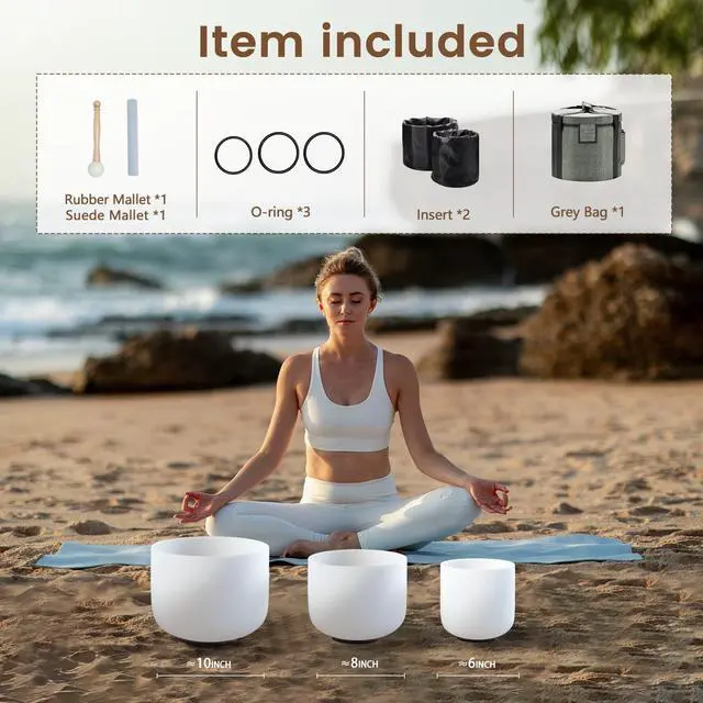 Alt view image 6 of 6 - CRYSTAL SINGING BOWLS SET of 3 440HZ 6" A 8" F and 10" C | Frosted White Quartz Chakra Bowls Set of 3 with Carry Case Bag for Sound Healing Meditation & Yoga