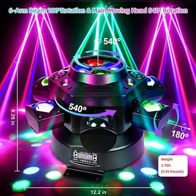 Alt view image 2 of 6 - 180W Moving Head DJ Lights, 8-in-1 Disco Lights with RGBW Halo Ring | 6-Arm Beam 540-Degree Pan 180-Degree Tilt, Support DMX512 26CH, 5 Control Modes, Party Lights for DJ Booth Club Bar Disco