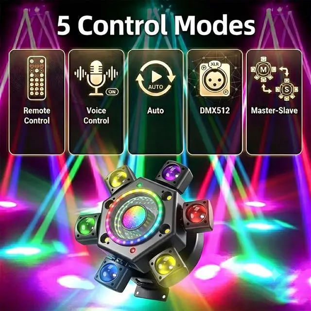 Alt view image 4 of 6 - 180W Moving Head DJ Lights, 8-in-1 Disco Lights with RGBW Halo Ring | 6-Arm Beam 540-Degree Pan 180-Degree Tilt, Support DMX512 26CH, 5 Control Modes, Party Lights for DJ Booth Club Bar Disco