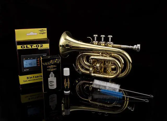 Alt view image 4 of 6 - Bb Pocket Trumpet with Case, Cleaning Cloth, Gloves, Gold Lacquer (LAQUER)