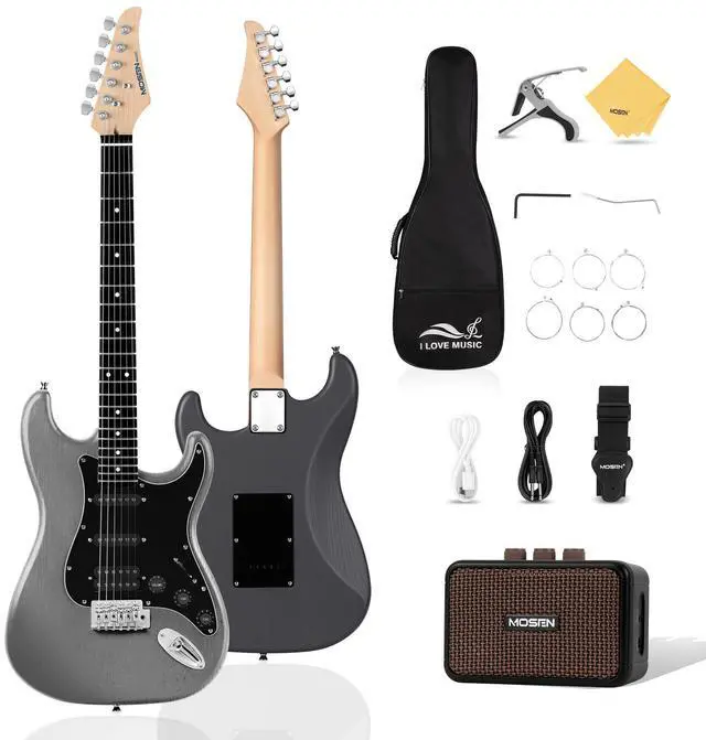 Main image of MOSEN 39" Electric Guitar Kit, HSS,Tremolo, Complete Beginner Set w/ 5W Amp | Grey&Black, C-Shaped Satin Neck, Incl. Gig Bag, Tuner, Strings, Capo, Strap, Cable. for Learners, Home, Practice, Stage, G
