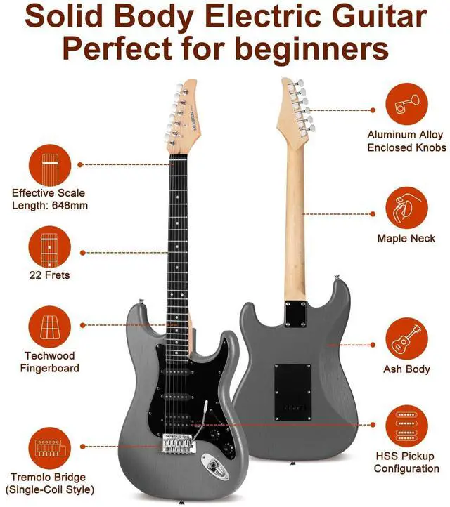 Alt view image 2 of 6 - MOSEN 39" Electric Guitar Kit, HSS,Tremolo, Complete Beginner Set w/ 5W Amp | Grey&Black, C-Shaped Satin Neck, Incl. Gig Bag, Tuner, Strings, Capo, Strap, Cable. for Learners, Home, Practice, Stage, G