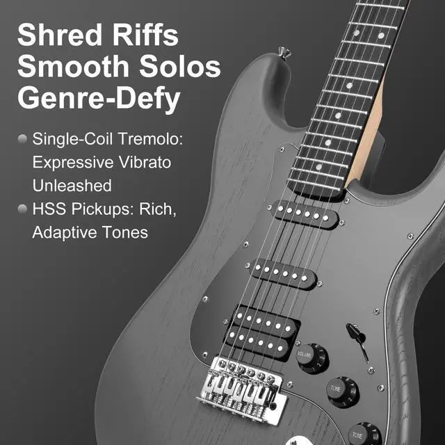 Alt view image 3 of 6 - MOSEN 39" Electric Guitar Kit, HSS,Tremolo, Complete Beginner Set w/ 5W Amp | Grey&Black, C-Shaped Satin Neck, Incl. Gig Bag, Tuner, Strings, Capo, Strap, Cable. for Learners, Home, Practice, Stage, G
