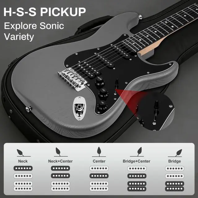 Alt view image 5 of 6 - MOSEN 39" Electric Guitar Kit, HSS,Tremolo, Complete Beginner Set w/ 5W Amp | Grey&Black, C-Shaped Satin Neck, Incl. Gig Bag, Tuner, Strings, Capo, Strap, Cable. for Learners, Home, Practice, Stage, G