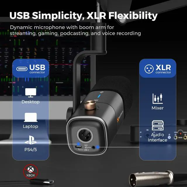 Alt view image 2 of 6 - AM10X USB/XLR Dynamic Podcast Microphone with Boom Arm | Supercardioid Mic with AI Noise Cancellation, Mute, Gain and Monitoring, for PC, Audio Mixer, Podcasting, Streaming, Gaming