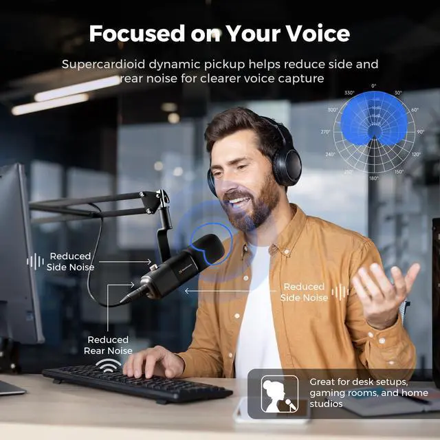 Alt view image 4 of 6 - AM10X USB/XLR Dynamic Podcast Microphone with Boom Arm | Supercardioid Mic with AI Noise Cancellation, Mute, Gain and Monitoring, for PC, Audio Mixer, Podcasting, Streaming, Gaming