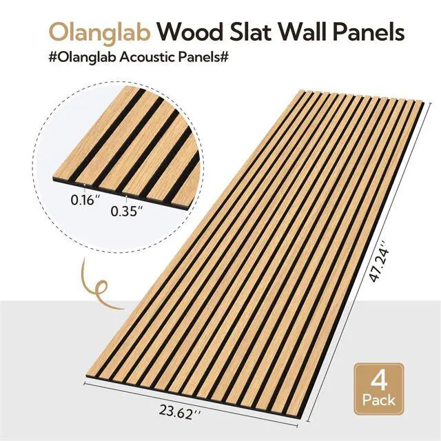 Alt view image 2 of 6 - Acoustic Wood Wall Panels 4 Pack, Sound Dampening Wood Slat Wall Panels 23.6" x 47.2", Cool Oak