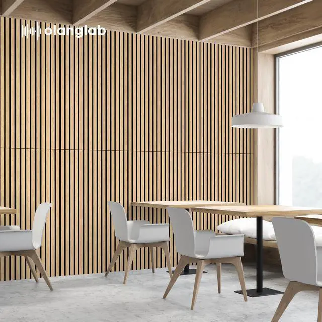 Alt view image 3 of 6 - Acoustic Wood Wall Panels 4 Pack, Sound Dampening Wood Slat Wall Panels 23.6" x 47.2", Cool Oak