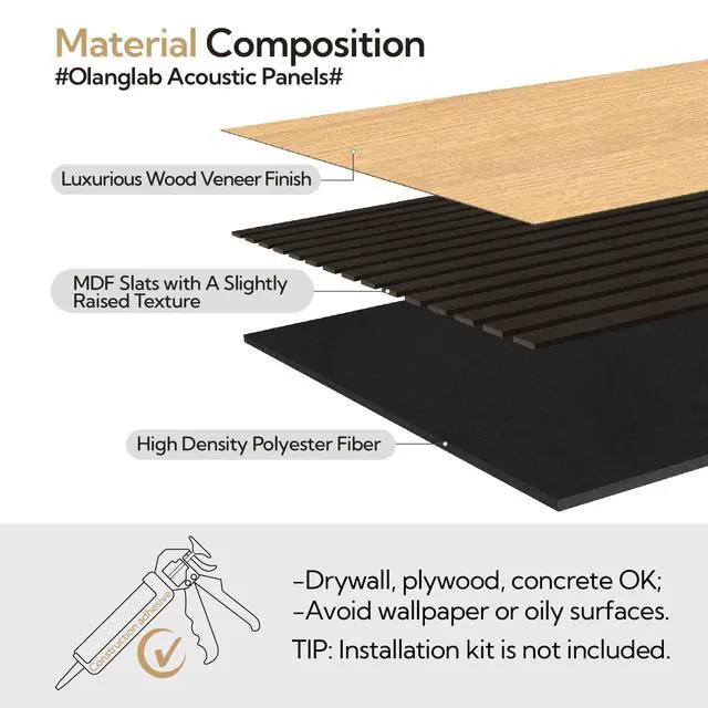 Alt view image 4 of 6 - Acoustic Wood Wall Panels 4 Pack, Sound Dampening Wood Slat Wall Panels 23.6" x 47.2", Cool Oak