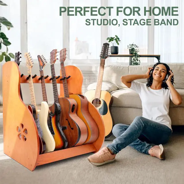Alt view image 2 of 6 - Multi-Purpose Guitar Stands 5 Wooden Guitar Rack Floor Stand for Guitars and Cases, Electric Guitars, Acoustic Guitars, Bass Guitars, Cellos - German Ash-Brown