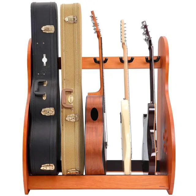 Alt view image 5 of 6 - Multi-Purpose Guitar Stands 5 Wooden Guitar Rack Floor Stand for Guitars and Cases, Electric Guitars, Acoustic Guitars, Bass Guitars, Cellos - German Ash-Brown